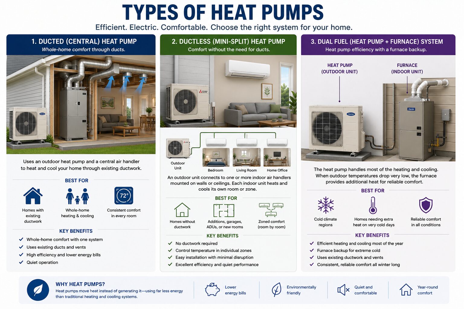 Types of heat pumps infographic: ducted central, ductless mini-split, and dual fuel heat pump systems explained for San Francisco homeowners